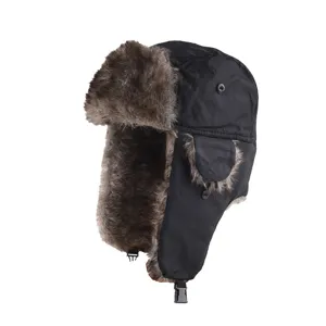 Winter windproof bomber hat with warm faux fur earflaps, black waterproof outdoor ski cap.