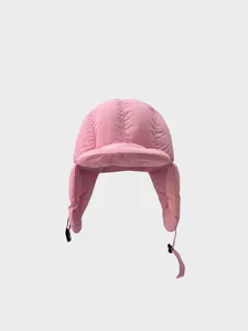 Pink down trapper hat winter warm earflap detail view soft quilted fabric adjustable strap