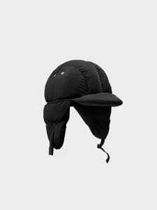 Black winter thermal bomber hat with ear flaps, lightweight padded quilted detail shot.