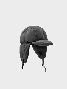 Dark grey puffer trapper hat detail, thick windproof earflaps, winter warm thermal bomber cap