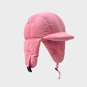 Pink winter trapper hat, thickened down cotton aviator hat with ear flaps, warm gear.