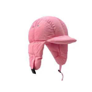 Pink winter down cotton bomber hat for men and women, warm thick ear-flap trapper cap.