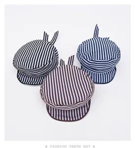 Korean style striped sailor beret hat, cute ribbon top flat cap for women summer autumn