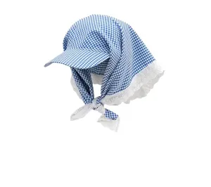 Cute blue gingham bonnet sun hat with white lace trim, sweet style sun protection cap.