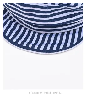 Detail shot of navy style striped hat, showing exquisite texture, blue and white design.