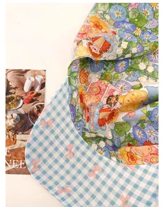 French vintage Monet garden floral duckbill cap with blue gingham and cute bear print.