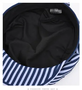 Korean style navy sailor striped flat top beret hat detail view, fashion women accessory