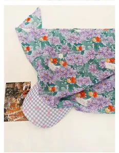 French vintage Monet floral headscarf baseball cap with blue gingham brim and pink bows for women.