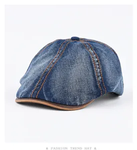 Vintage washed denim ivy cap with leather brim, stylish newsboy hat for men and women.