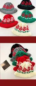 Knitted bucket hat closeup, vintage floral pattern, cozy winter warm knit cap details.