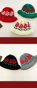 Women winter knitted bucket hat with vintage rose flower pattern warm wool fisherman cap
