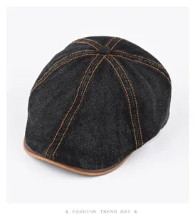 Vintage washed denim ivy cap with leather brim and contrast stitching for men and women stylish.