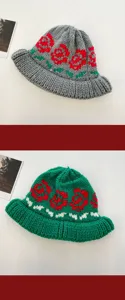 Knitted bucket hat women autumn winter warm floral knit cap retro ethnic style headwear