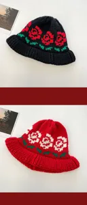 Knotted floral bucket hat for women, cozy winter warm woolen knitted hat with vintage rose design.