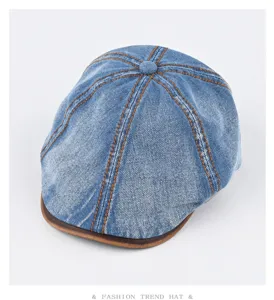 Vintage washed denim flat cap for men and women, spring summer newsboy beret with leather brim.