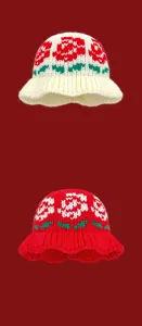 Knitted bucket hat for women autumn winter warm floral woolen cap retro ethnic style headwear