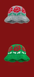 Knit bucket hat detail featuring cozy floral rose pattern, soft winter woolen texture.