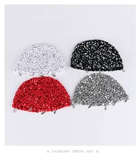 Retro hollow sequin knit beanie hat for women, chic handmade crochet warm skull cap for autumn.