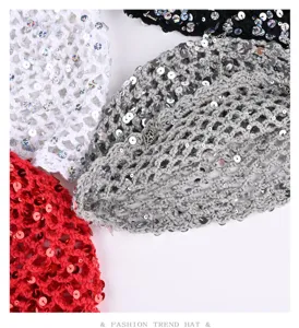 Detailed shot of handmade crochet sequin beanie caps, hollow out knit hat, multi-color styles.