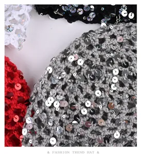 Detailed close-up of handmade crochet knit beanie with sparkling sequins in various colors.