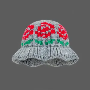 Grey knitted bucket hat for women, vintage floral pattern autumn winter warm wool fisherman cap