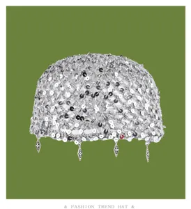 Retro cutout sequin knit beanie hat for women stylish handmade crochet headwear black silver