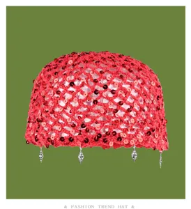 Red sequin crochet hollow beanie hat summer autumn stylish handmade knit headwear for women.