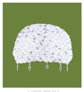 White crochet hollow sequin beanie hat, handmade knit skullcap with metal pendants.
