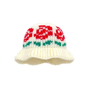Women knitted bucket hat autumn winter warm floral woolen cap retro cute aesthetic fashion apparel.