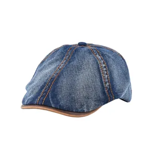 Vintage washed denim ivy cap for men and women, stylish leather brim flat cap for summer.