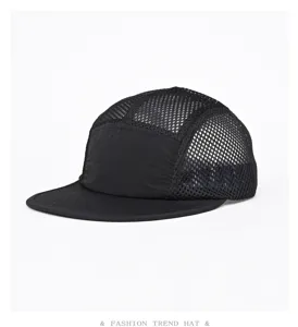 Casquette de baseball noire en mesh 5 pans, chapeau plat d'été respirant, streetwear.