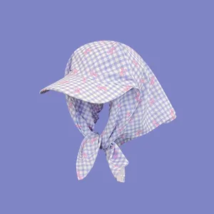 French checkered headscarf baseball cap with pink bows, breathable cotton sun hat for women.