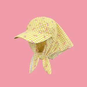 French style plaid sun visor hat with neck flap and cute pink bow breathable cotton cap