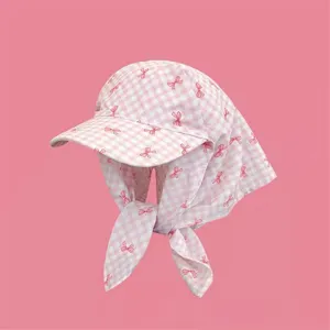 French style women sun hat breathable cotton pink gingham pattern visor cap with cute bow ties.