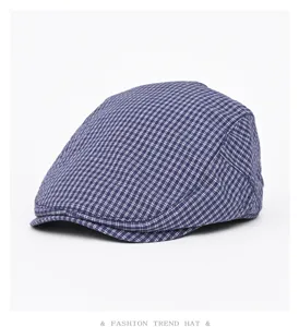 Retro blue and white checkered flat cap, classic British style ivy newsboy hat for men women.