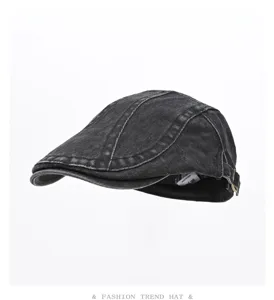 Vintage washed black denim flat cap for men and women, classic retro painter newsboy hat.