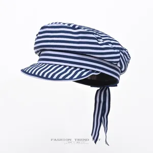 Women's Vintage Sailor Hat Striped Flat Top Beret Casual Ribbon Visor Cap Breathable Sun Protection Fashion Hat Accessories