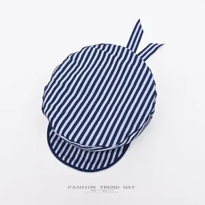 Korean style navy blue striped sailor hat fashionable flat top beret ducktongue hat for women.