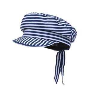 Navy style striped flat top beret hat for women, fashionable sailor duckbill cap with ribbon bow.