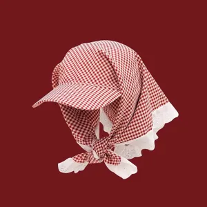 Women Japanese Pastoral Style Lace Trim Plaid Baseball Cap Summer Sun Protection Adjustable Outdoor Visor Hat