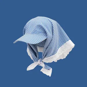 Japanese pastoral style blue gingham sun hat with lace trim and scarf for women summer