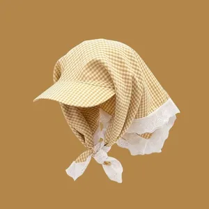 Japanese pastoral gingham bonnet hat with white lace trim and visor for women summer sun.