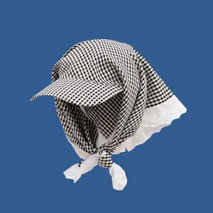 Japanese pastoral style black white gingham checkered cap with lace trim sun protection summer hat