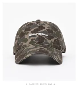 American street style camo baseball cap with white embroidery letter design for men and women