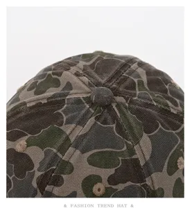 Close up detail of camouflage baseball hat crown, stylish streetwear style, durable fabric.