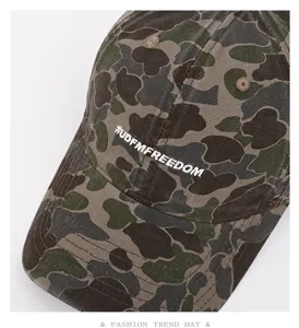 Close-up of camo baseball cap with embroidered lettering, urban street style accessory.