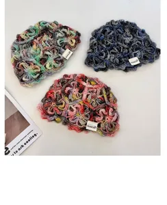 Handmade crochet hollow knit cap detail, colorful breathable beanie for women summer autumn.