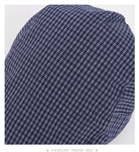 Retro blue checkered ivy cap detail view, classic flat cap style for spring autumn daily wear.