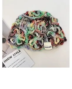 Handmade colorful crochet hollow knit hat detail, vintage breathable bucket hat for women.