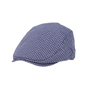 Classic vintage blue and white plaid flat cap, stylish retro beret for spring and autumn wear.